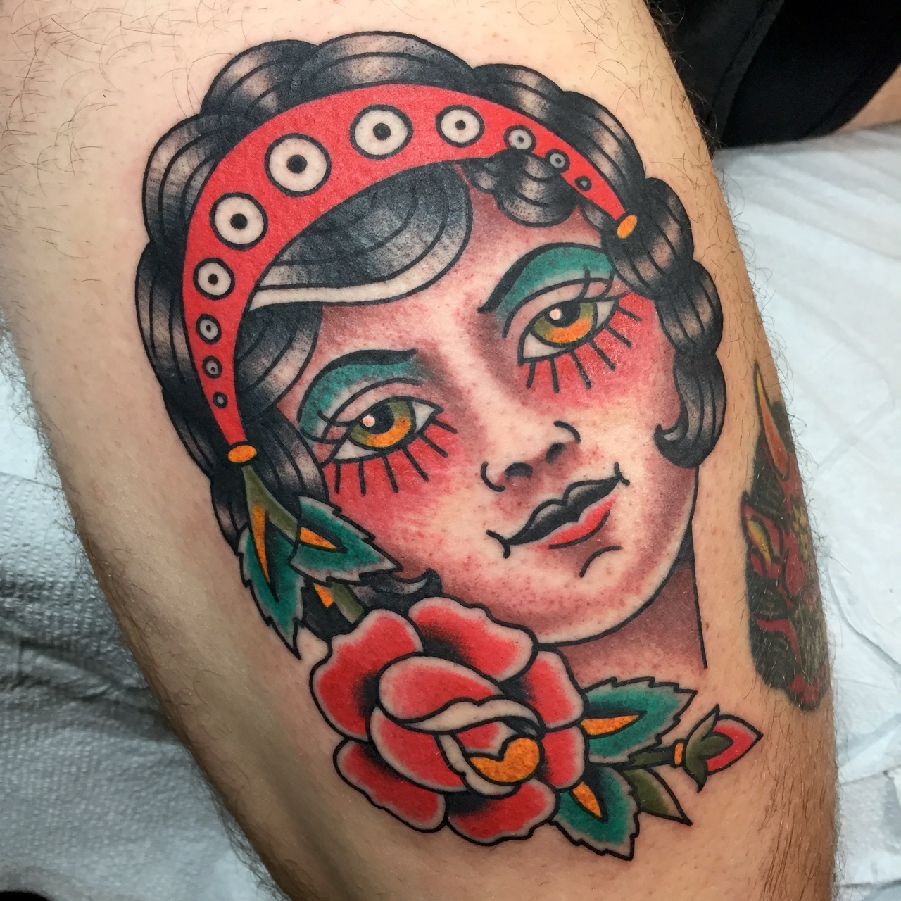 Classic traditional lady head color tattoo