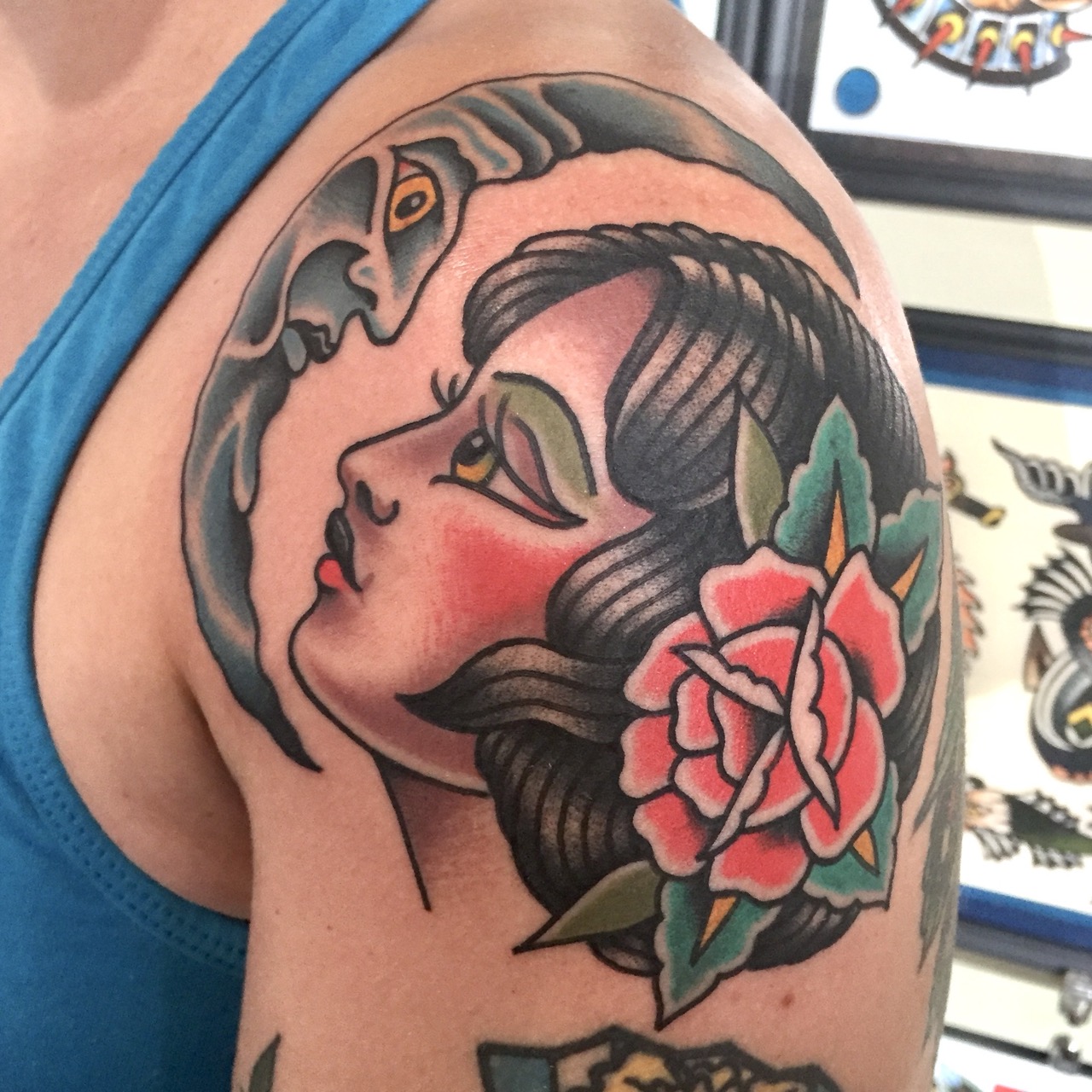 Classic traditional lady head looking at the moon tattoo