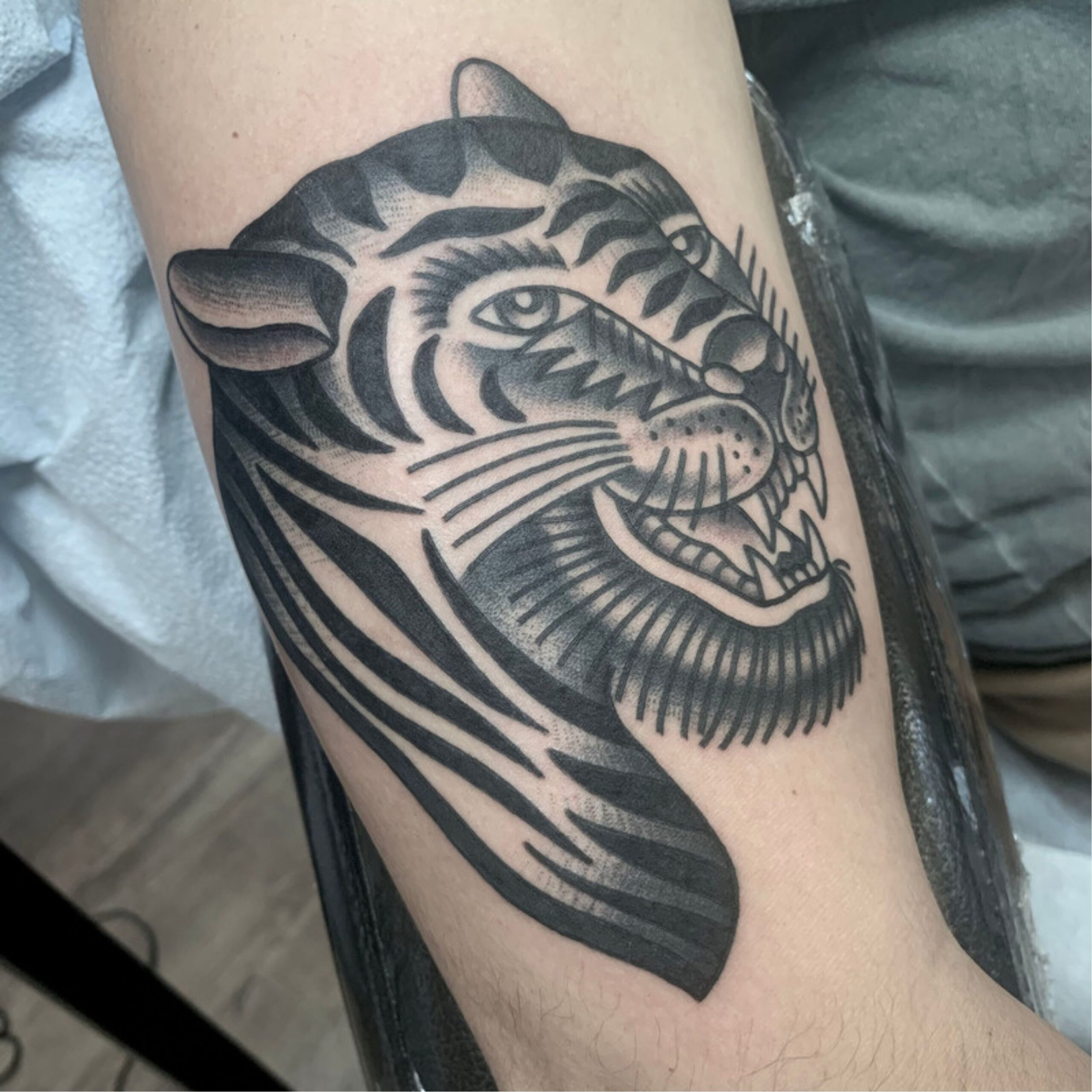 Bert Grimm tiger tattooby Tom Veling at Small World Tattoo, the best tattoo shops near me.